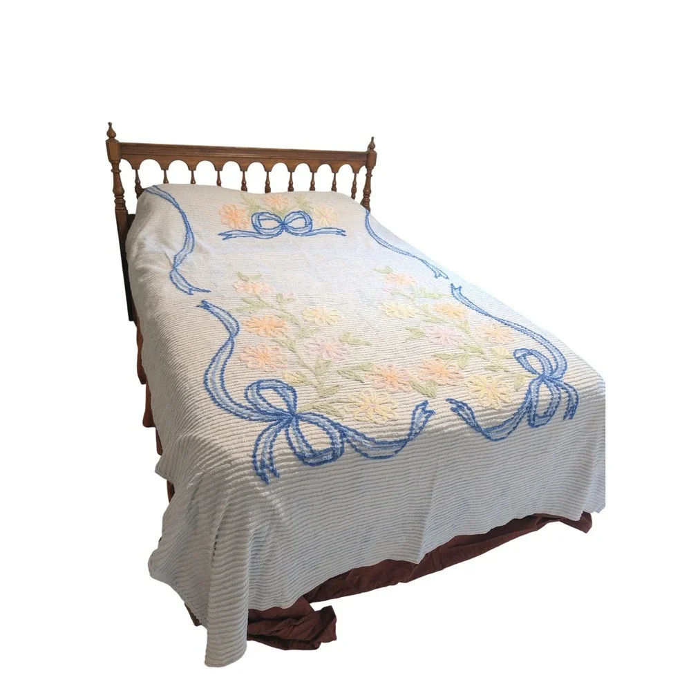 Vintage Chenille Bedspread Blue Bows Pastel Floral Tufted Cotton Cottagecore